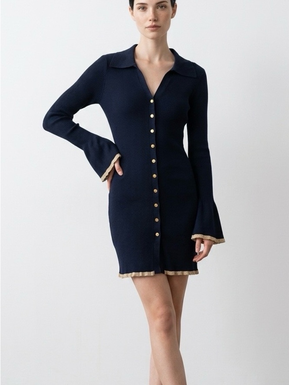 Ribbed Cardigan Dress with Contrast Lace Trim & Gold Buttons